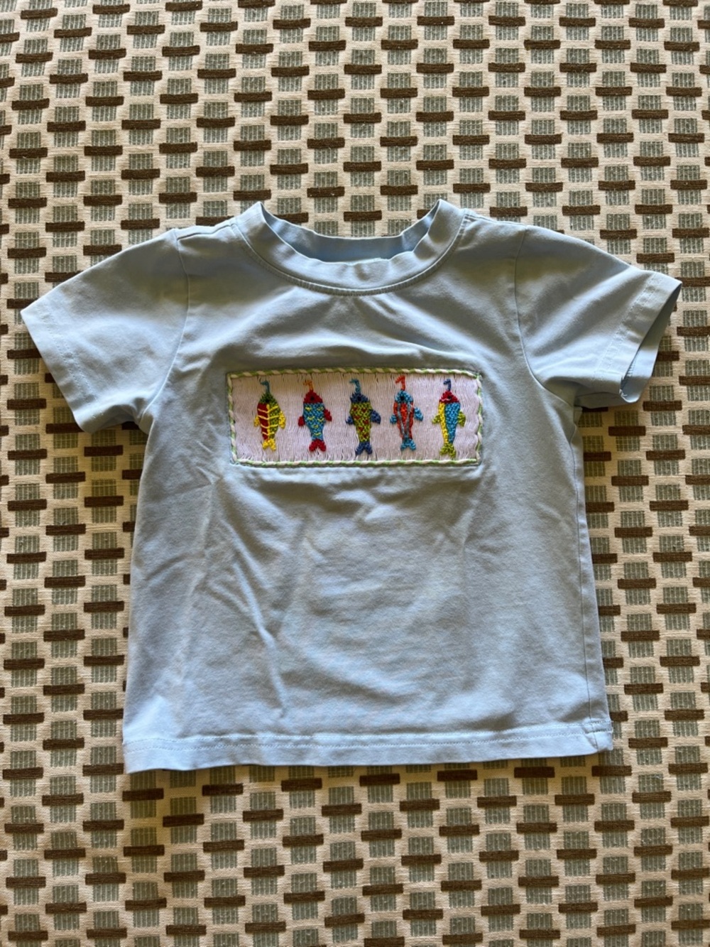 Light Blue Smocked Kids Tee with Colorful Fish Lures - size 24 mos/2T